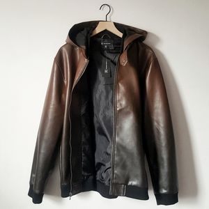 Brown Two Tone Ombre Hooded Faux Leather Jacket